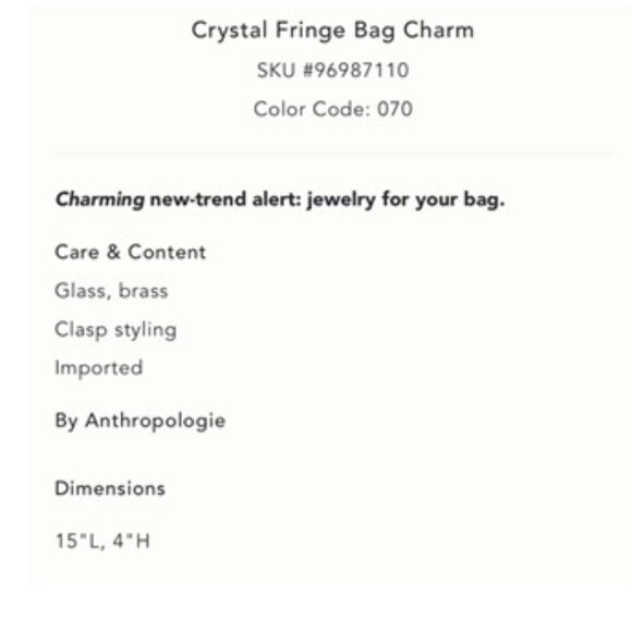 NWT-Anthropologie Gold Crystal Fringe Bag Charm - Picture 3 of 3